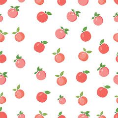Seamless Vector Pattern of Pink Peaches with Green Leaves on White Background.