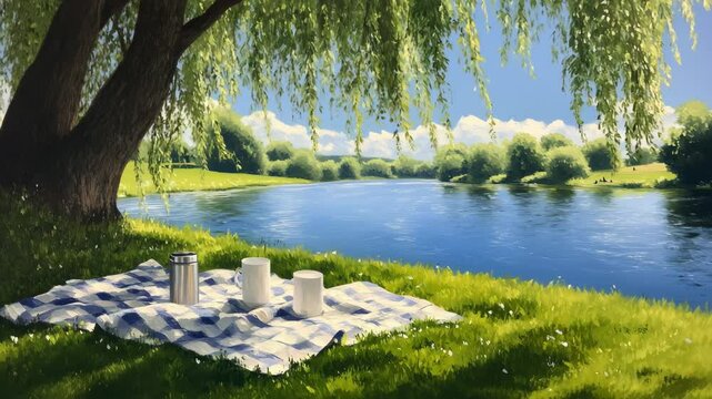 A romantic summer picnic for two by a tranquil river under a willow tree. A beautiful impressionist painting.