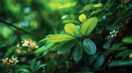 Close up of vibrant green leaves and small white flowers.