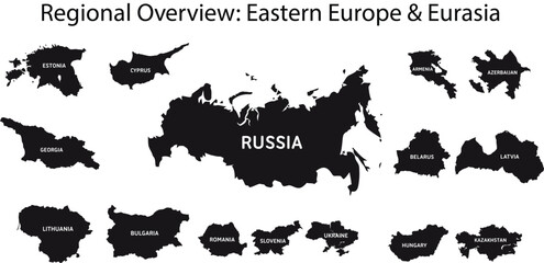 Silhouette Map Set of Eastern Europe and Eurasia Countries. EPS file.