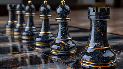 Black and gold chess pieces on board, strategic game setup