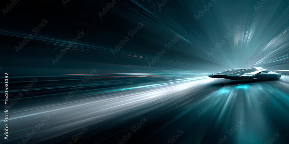 Poster futuristic vehicle speeding through a tunnel of light with sleek aerodynamic design and glowing moti