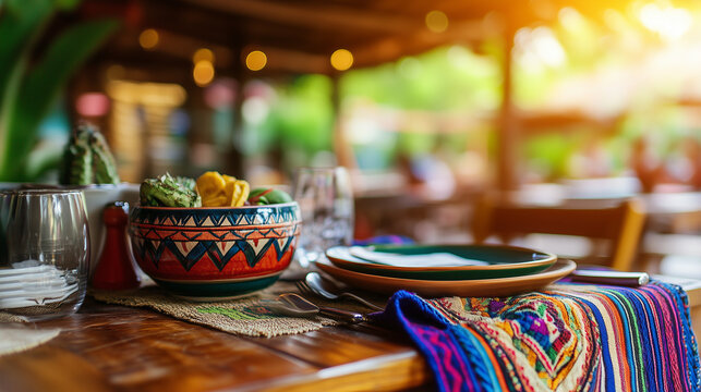 Traditional Mexican table with colorful textiles and ceramics, celebrating rich cultural heritage in a cozy setting