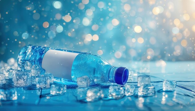 a plastic water bottle spills onto a wooden surface surrounded by ice cubes with a sparkling blue background. - Powered by Adobe