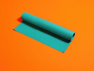 Obraz premium A rolled yoga mat in a bright teal color made of rubber rests on a bold orange background, creating an energetic atmosphere perfect for physical activities like yoga and meditation