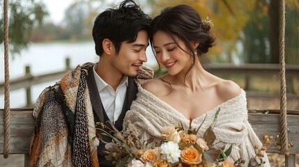 Intimate wedding portrait of a cozy Asian couple on a wooden swing
