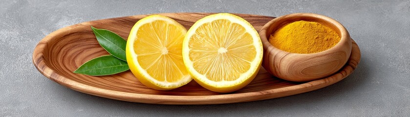 Detox preparation station with lemon and turmeric kitchen food photography clean environment overhead view wellness concept