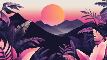 Vector illustration of an abstract sunset with tropical leaves, mountains, and a sun on a black background.