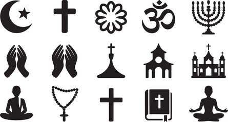 Naklejka premium Black Silhouette Icons Set Religious Symbols Prayer Yoga Om Cross Crescent