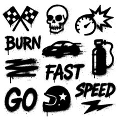 Street Racing & Drift Icons – Spray Paint Style Transparent PNG Symbols