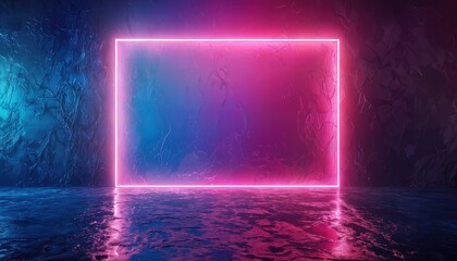 Obraz premium a vibrant neon pink square glows against a textured dark blue and purple wall, reflected on a wet, glossy floor creating a modern and atmospheric display.