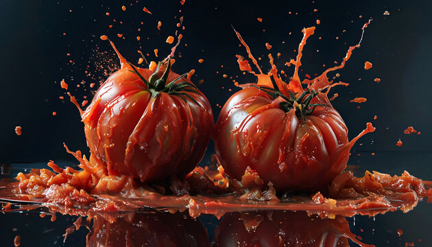 Close-up view of two ripe tomatoes colliding and exploding in a burst of red juice against a stark black background.
