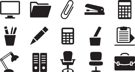 Obraz premium Ten Black Office Supply Vector Silhouettes office supplies