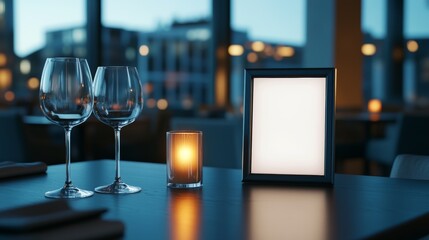 Elegant table setting with candlelight and wine glasses in a modern restaurant with white blank