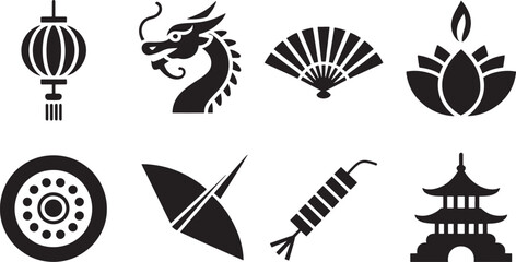 Ten Black Silhouette Icons Asian Culture Symbols Lantern Dragon Fan