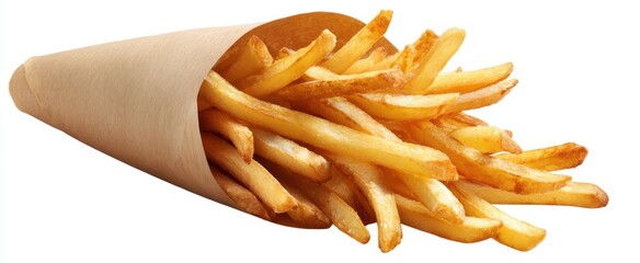 The crispy golden French fries served in a paper cone.