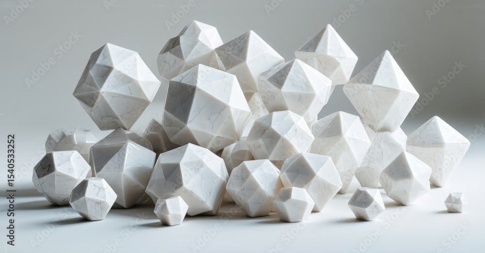 Poster white geometric shapes pile together. various sizes create interesting texture, light plays across f