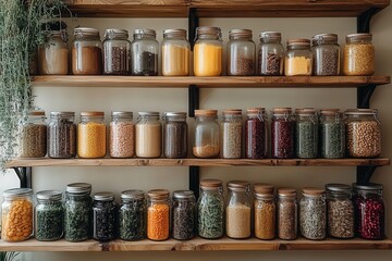 Three wooden shelves hold rows of glass jars filled with colorful food items and plant