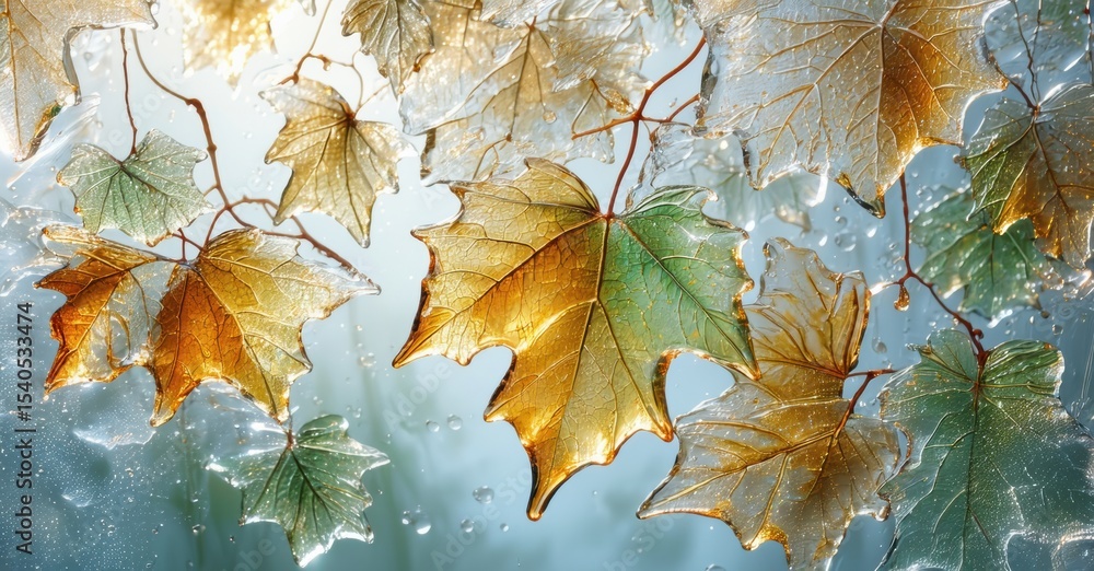Poster Frozen leaves cling window. Delicate ice patterns form beautiful autumn scene. Light shines through creating soft glow.