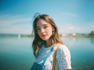 Mediterranean Girl in White T-Shirt Standing by the Lake – Vintage Summer Film Portrait