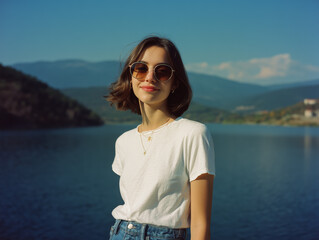 Mediterranean Girl in White T-Shirt Standing by the Lake – Vintage Summer Film Portrait