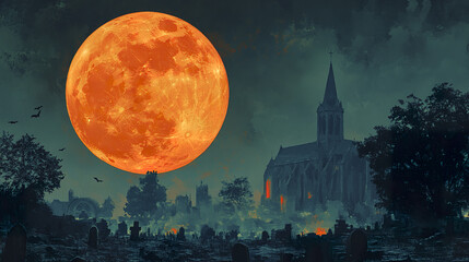 haunting graveyard scene with large orange moon illuminating church, creating eerie atmosphere
