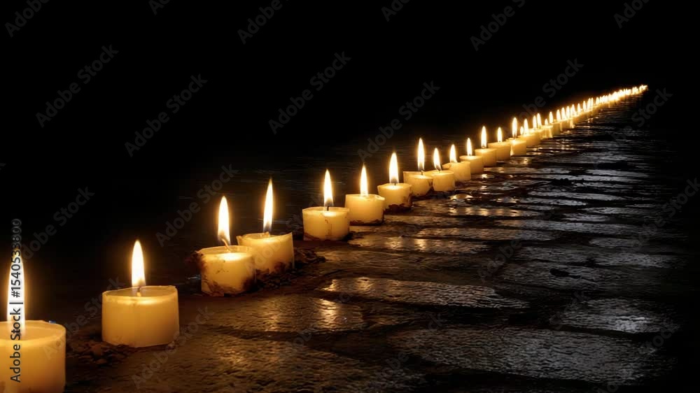 Poster A row of candles on the ground, forming an endless line leading to darkness in front and behind. The candlelight illuminates the surrounding space, creating an atmosphere of peace and contemplation.
