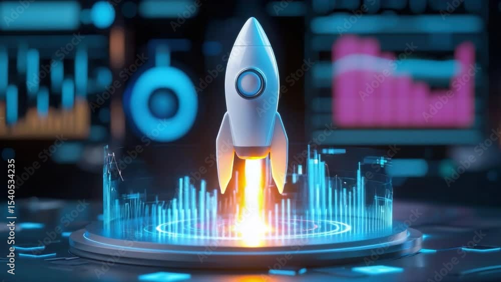 Poster futuristic rocket launch with graphs and data visualizations in a digital space environment 4k video