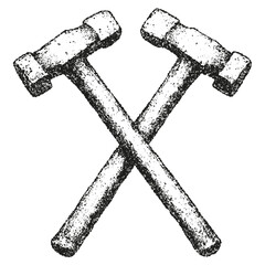 Two antique hammers crossed stippled effect