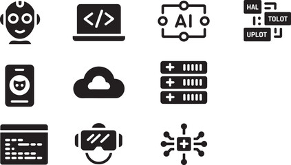 Ten Clean Black Silhouette Icons of Technology Concepts