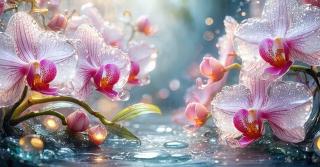 Pink orchids bloom, covered droplets. Soft light creates dreamy, ethereal scene. Delicate petals, vibrant colors, beautiful nature.