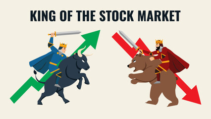 abstract background of flat vector king of the stock market with weapon sword stock market arrow red and green with bull and bear character