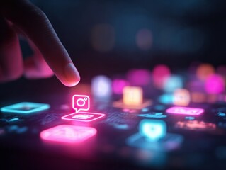 Cyberpunk Hand Reaching Neon Social Media Icons in Digital Marketing Arena
