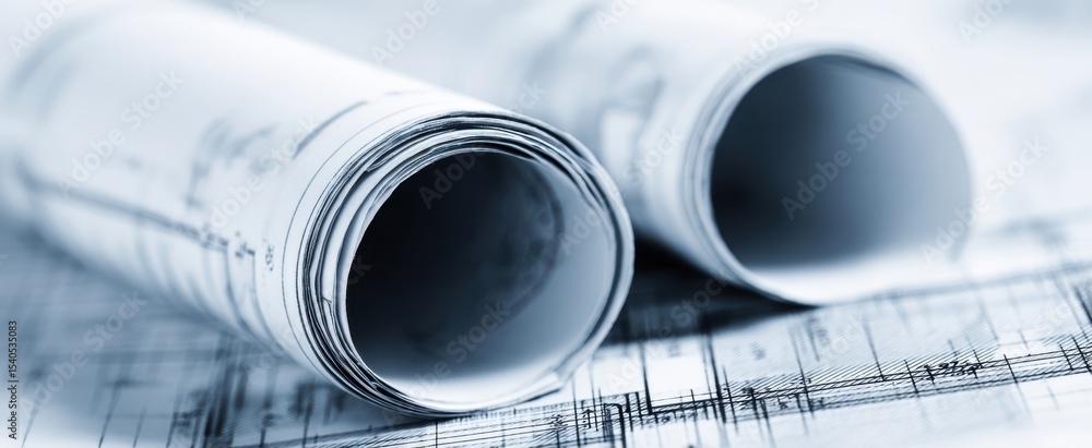 Poster the rolled blueprints on a workspace surface awaiting architectural design decisions.