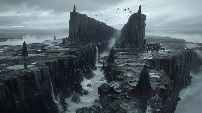 Rocky coastline with crashing waves, jagged cliffs, and seagulls flying in the cloudy sky - Powered by Adobe