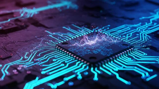 Close-up of a microchip with glowing circuit patterns
