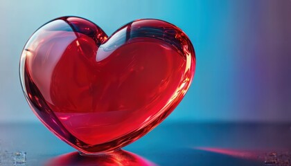 a vibrant red glass heart reflects on a smooth surface against a softly blurred blue and purple gradient background.