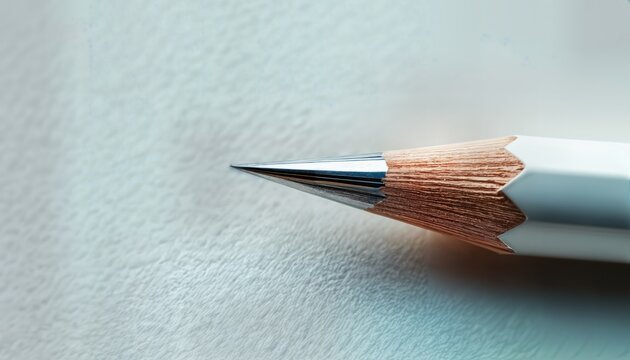 a close-up shows the sharply pointed graphite tip of a light blue mechanical pencil resting on a textured pale green surface.