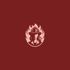 Female firefighter logo in bold and heroic illustration style.