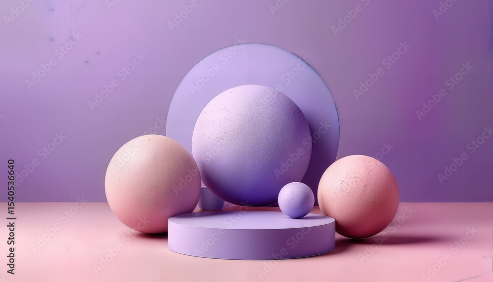 Poster a minimalist still life featuring various sized spherical objects arranged on a lilac and rose-color