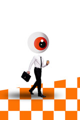 Creative artwork template sketch image 3D collage of businessman walk body head eye walk hold cup...