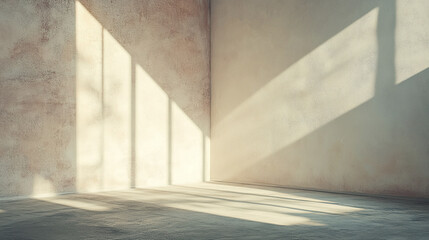 Minimalist empty room with soft light and shadows creating serene atmosphere