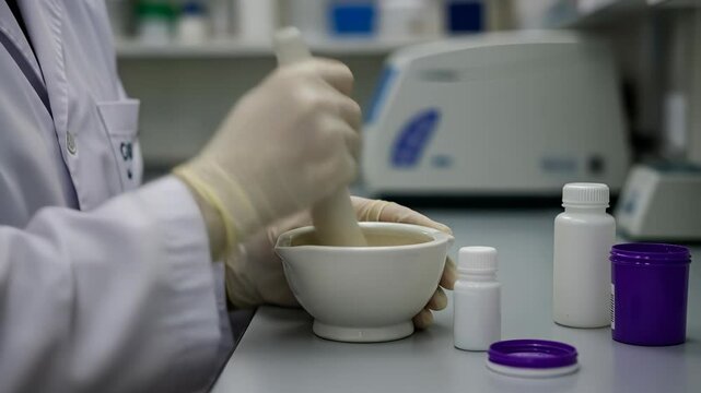 Compounding Pharmacy: Pharmacist Mixing Medicine in Mortar and Pestle - Pharmaceutical Compounding