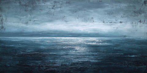 Abstract dark blue textured seascape painting, neutral tones, textured canvas. Oil painting with palette knife strokes