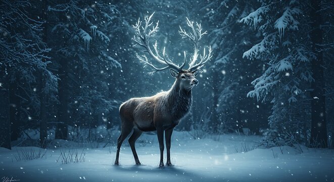 A majestic fantasy Christmas reindeer with glowing antlers shaped like frosted tree branches, shimmering snowflakes floating around, set in a magical winter forest under moonlight, 8k resolution
