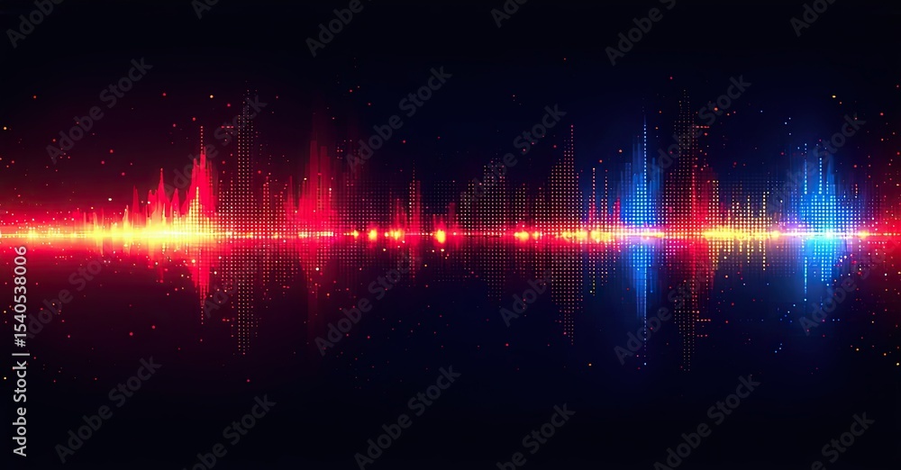 Poster Abstract waveform visualization. Red, blue light pulses create dynamic sound spectrum. Digital energy flows, vibrant patterns visible.