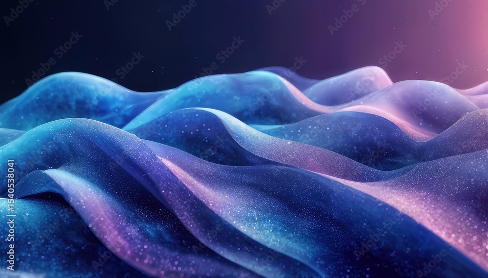 Poster a mesmerizing abstract landscape of undulating waves rendered in vibrant blues and purples with spar