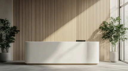 Reception counter mockup Minimalist style front interior registration copy space desk design indoor decoration front view White counter material monitor green plant decoration