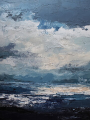 Abstract dark blue textured seascape painting, neutral tones, textured canvas. Oil painting with palette knife strokes