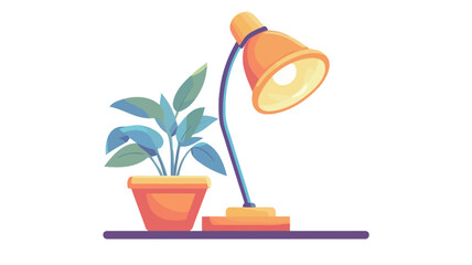 A digital illustration depicting a simple desk scene. The main focus is a yellow-orange desk lamp with a conical shade, positioned to the right.  To the left is a small potted plant with broad,